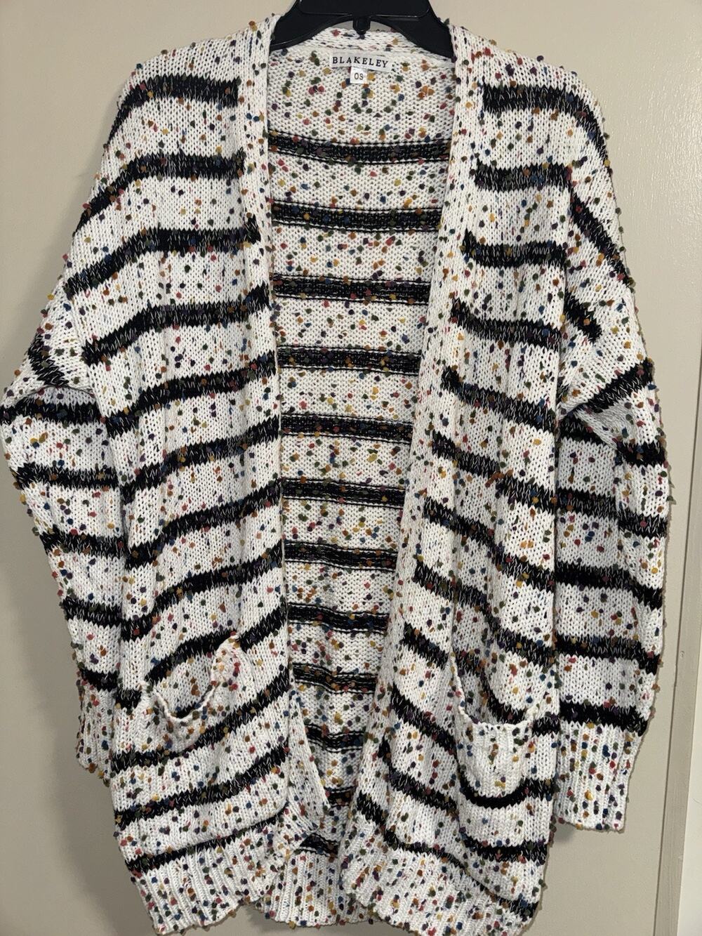 Blakeley OS White Confetti Stripe Cardigan Open Front Knit Sweater Pockets
